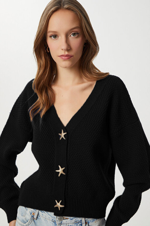 Siyah Yıldız Düğmeli Triko Hırka BCVL-25T500