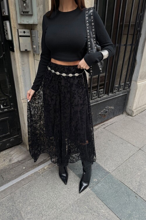 Siyah Yüksek Bel Dantel Detaylı Maxi Boy Etek BCDF-25H6009