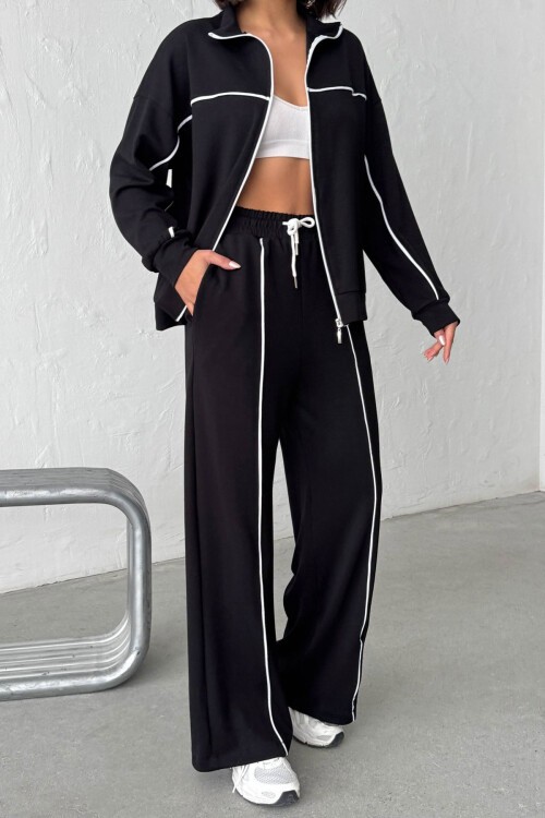 Siyah Yumuşak Dokulu Biyeli Palazzo Pantolon Ve Fermuarlı Sweatshirt Takım BCHN-25261024