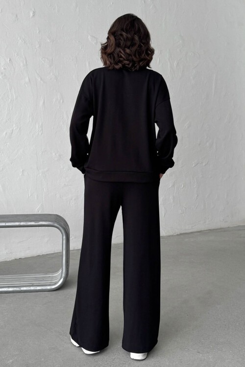 Siyah Yumuşak Dokulu Biyeli Palazzo Pantolon Ve Fermuarlı Sweatshirt Takım BCHN-25261024