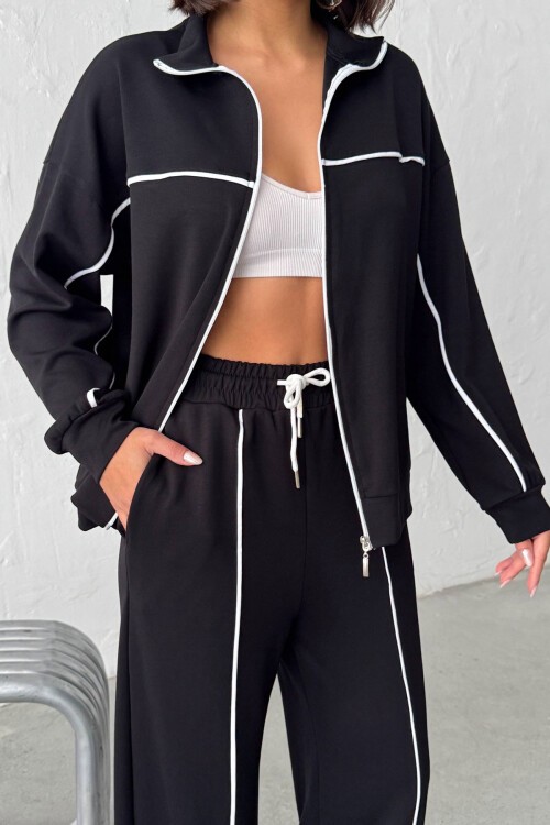 Siyah Yumuşak Dokulu Biyeli Palazzo Pantolon Ve Fermuarlı Sweatshirt Takım BCHN-25261024