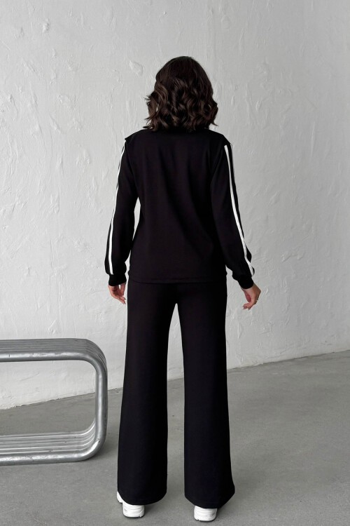 Siyah Yumuşak Dokulu Biyeli Palazzo Pantolon Ve Garnili Gömlek Alt Üst Takım BCHN-25261025