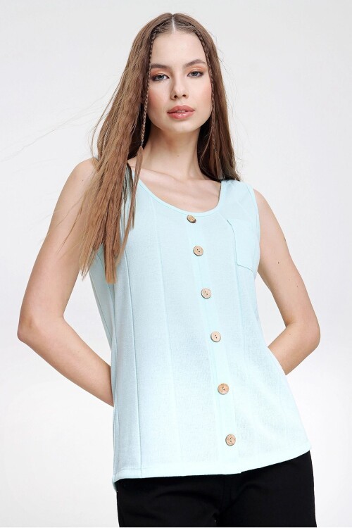 Su Yeşili Askılı Düğmeli İnce Örme Triko Bluz