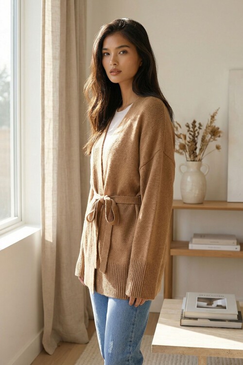 Sütlü Kahve Kuşak Bağlamalı Uzun Triko Hırka BCHPK-251237