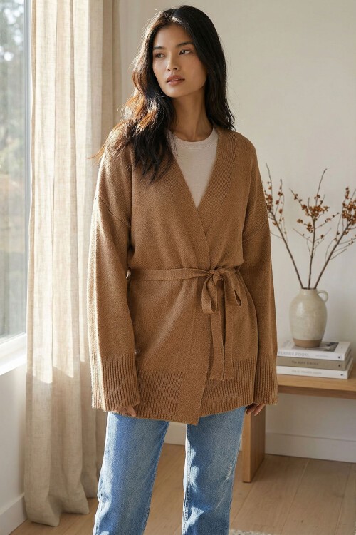 Sütlü Kahve Kuşak Bağlamalı Uzun Triko Hırka BCHPK-251237