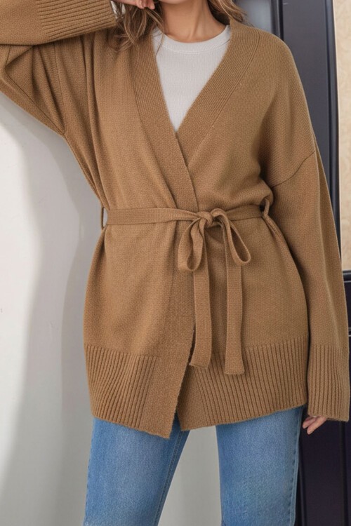 Sütlü Kahve Kuşak Bağlamalı Uzun Triko Hırka BCHPK-251237