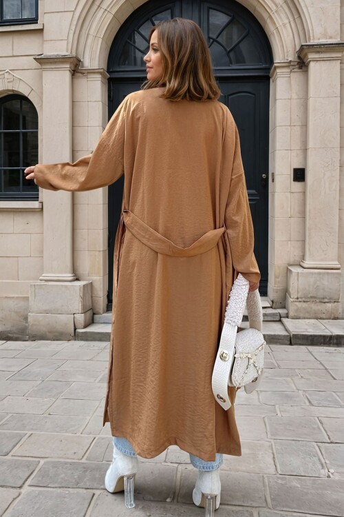 Taba Ceket Yaka Düğmeli Cepli Kendinden Kemerli Salaş İnce Trençkot