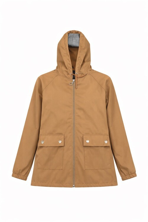 Taba Kapüşonlu Fermuarlı Çift Cepli Yağmurluk Ceket BCHNV-261269