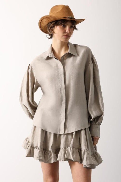 Taş Balon Kol Gizli Patlı Dokuma Gömlek BCRY-261276