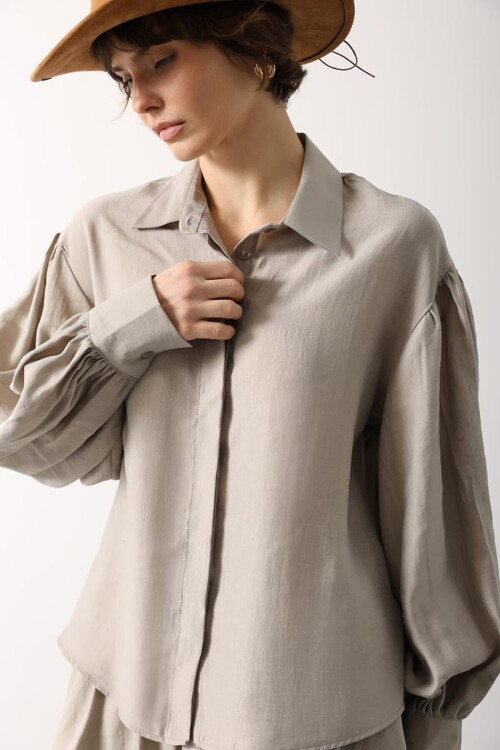 Taş Balon Kol Gizli Patlı Dokuma Gömlek BCRY-261276