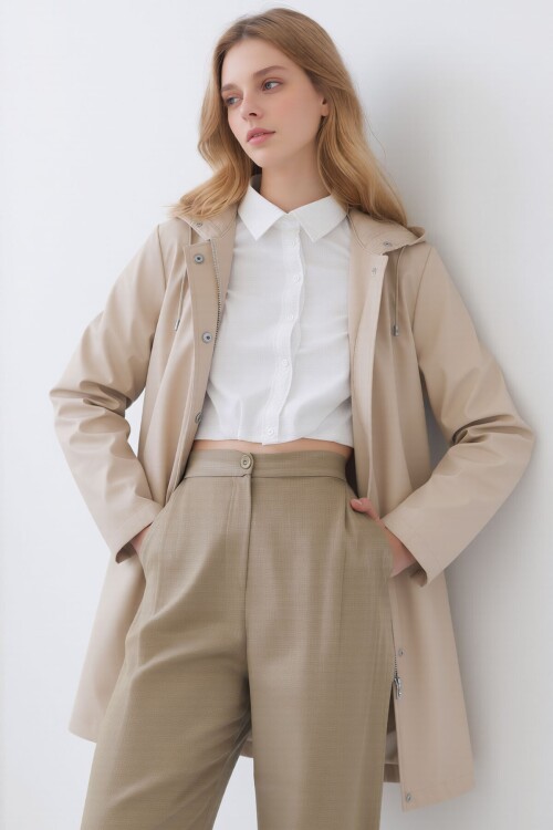 Taş Kapüşonlu Fermuarlı Çift Cepli Yağmurluk Ceket BCHNV-261269