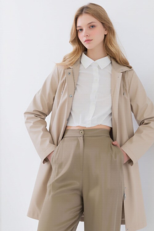 Taş Kapüşonlu Fermuarlı Çift Cepli Yağmurluk Ceket BCHNV-261269