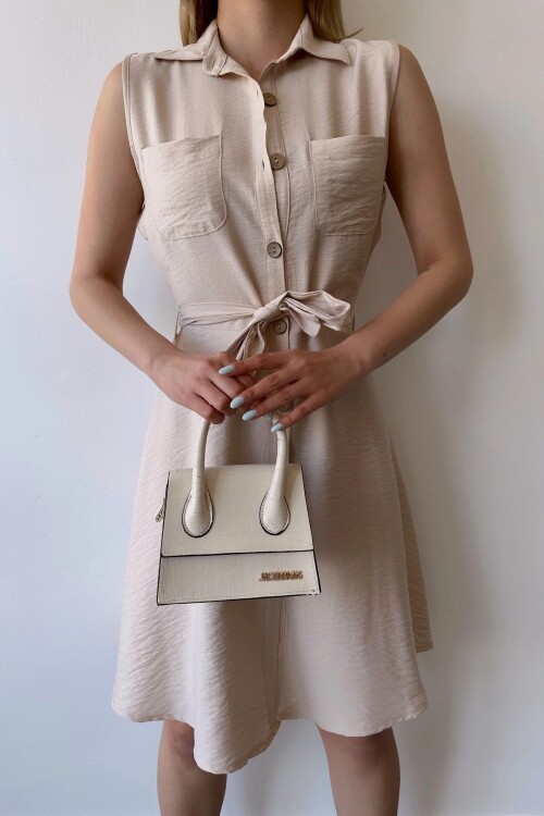 Taş Kendinden Kemerli Çift Cep Kiloş Keten Gömlek Elbise