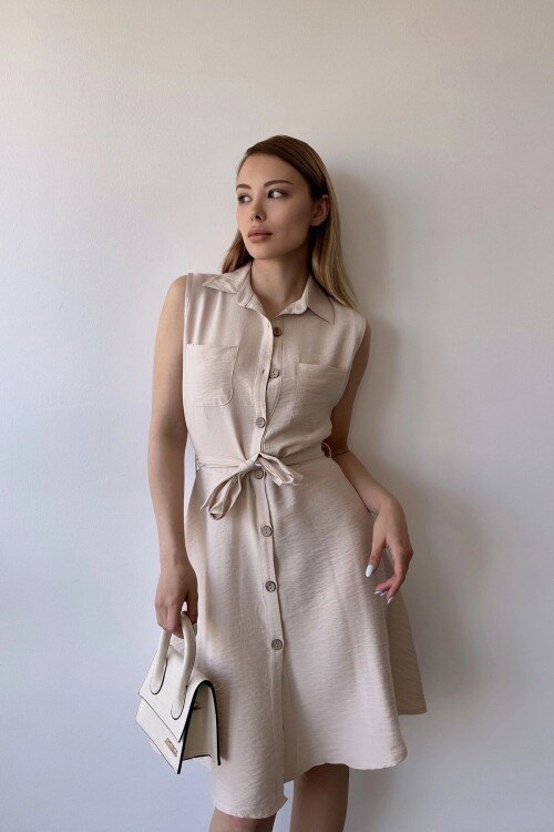 Taş Kendinden Kemerli Çift Cep Kiloş Keten Gömlek Elbise