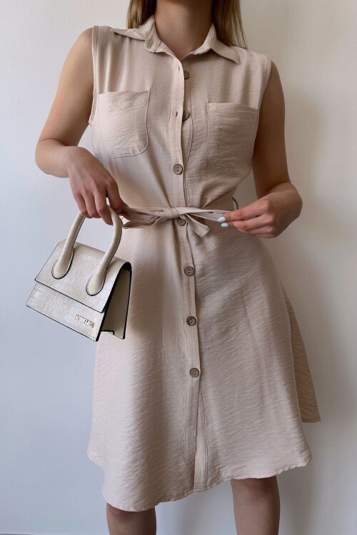 Taş Kendinden Kemerli Çift Cep Kiloş Keten Gömlek Elbise
