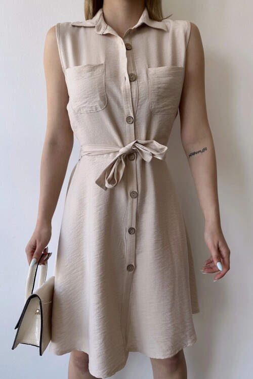 Taş Kendinden Kemerli Çift Cep Kiloş Keten Gömlek Elbise