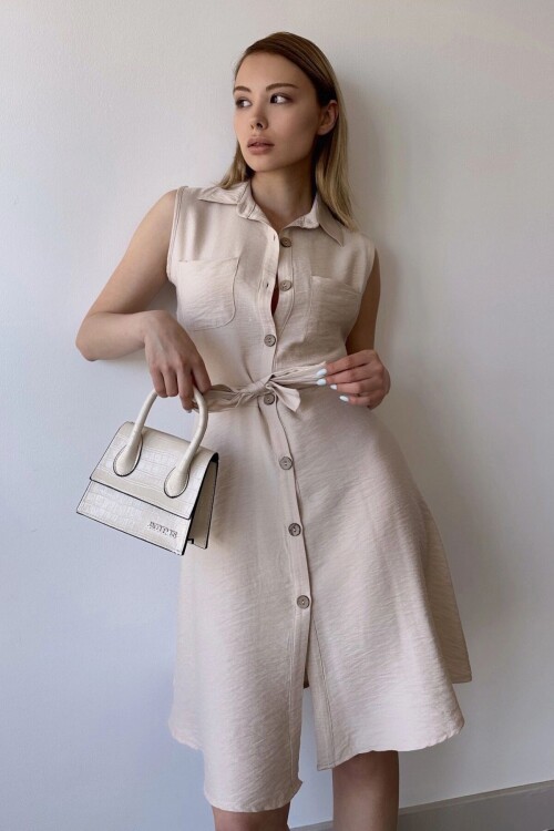 Taş Kendinden Kemerli Çift Cep Kiloş Keten Gömlek Elbise