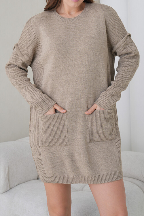 Taş Ribanalı Bisiklet Yaka Mini Triko Elbise BCHPK-251239