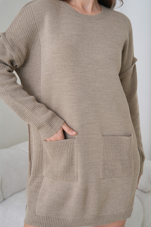 Taş Ribanalı Bisiklet Yaka Mini Triko Elbise BCHPK-251239