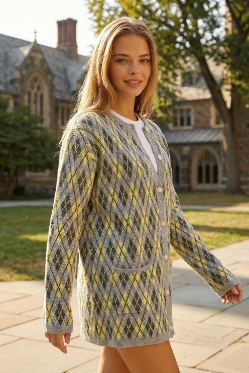 Tereyağı Sarısı Baklava Desenli Düğmeli Cepli Triko Hırka BCHPK-251254