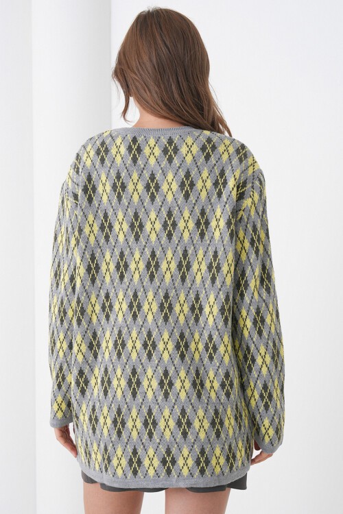 Tereyağı Sarısı Baklava Desenli Düğmeli Cepli Triko Hırka BCHPK-251254