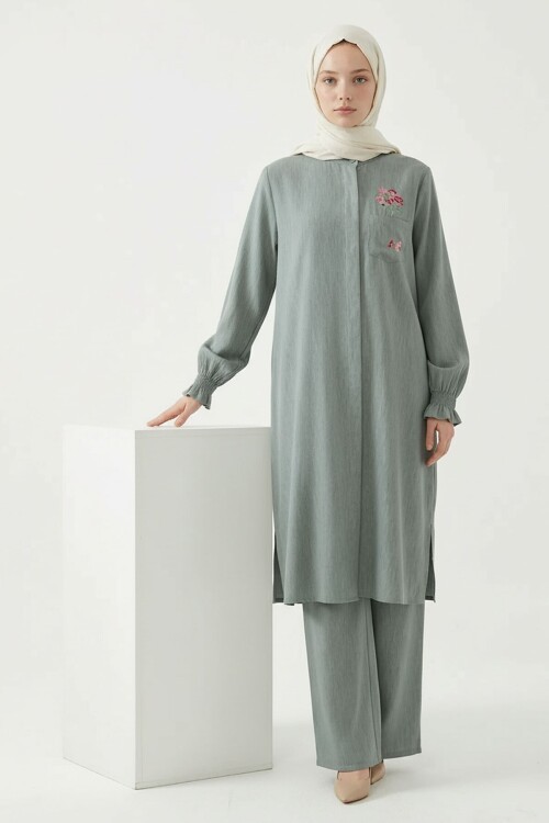 Çağla Yeşil Nakış Detaylı Tensel Tesettür Alt Üst Takım