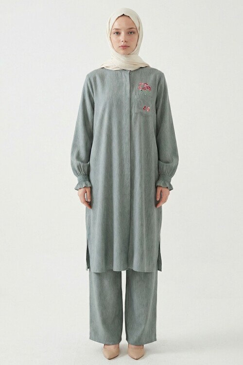 Çağla Yeşil Nakış Detaylı Tensel Tesettür Alt Üst Takım