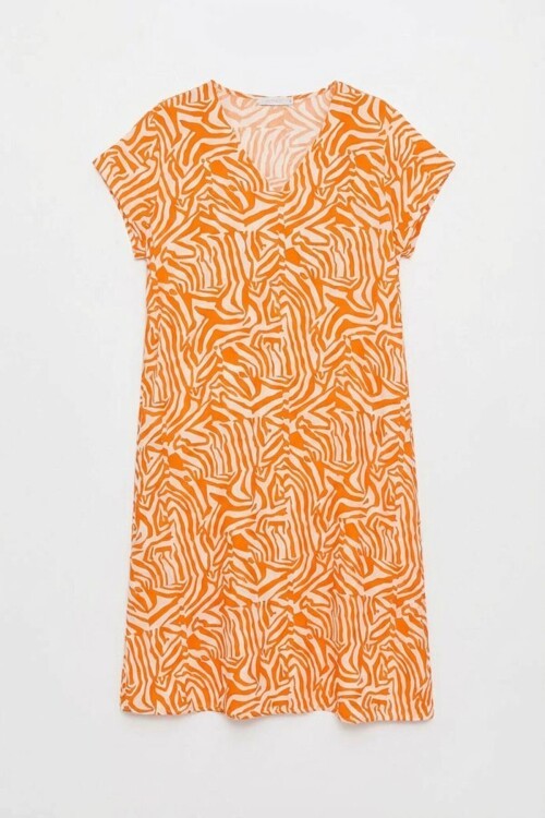 Turuncu Beyaz Derin V Yaka Kısa Kollu Çizgi Desenli Midi Boy Elbise