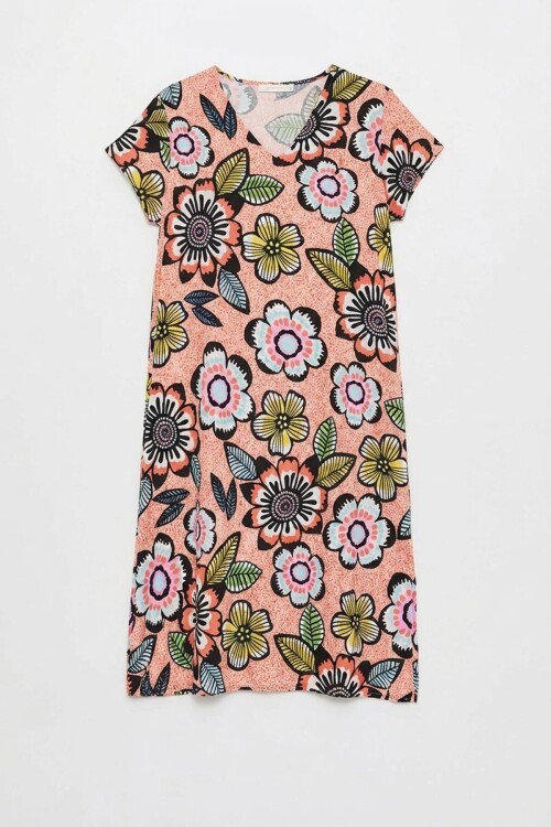 Turuncu Derin V Yaka Çiçek Desenli Midi Boy Elbise