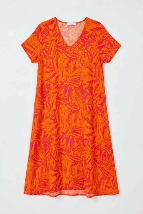 Turuncu Desenli V Yaka Kısa Kollu Midi Boy Elbise