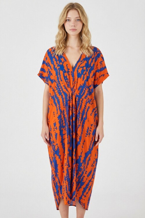 Turuncu Desenli V Yaka Salaş Kesim Kaftan Elbise