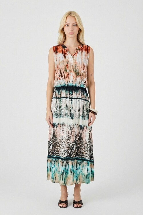 Turuncu-Ekru Çentik Yaka Düğmeli Desenli Kolsuz Midi Elbise