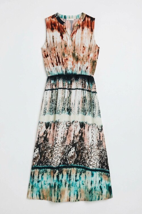 Turuncu-Ekru Çentik Yaka Düğmeli Desenli Kolsuz Midi Elbise