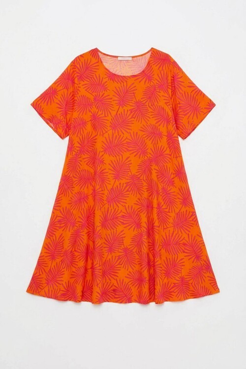 Turuncu Geniş Yaka Desenli Midi Boy Elbise