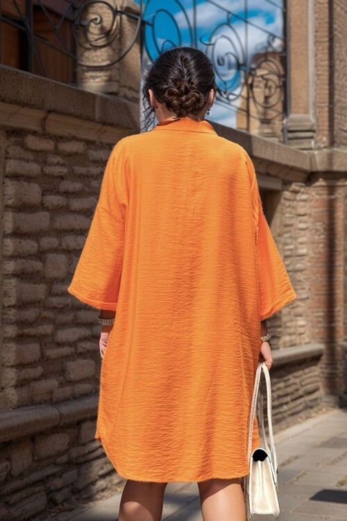 Turuncu Keten Görünümlü Truvakar Kol Salaş Gömlek Elbise