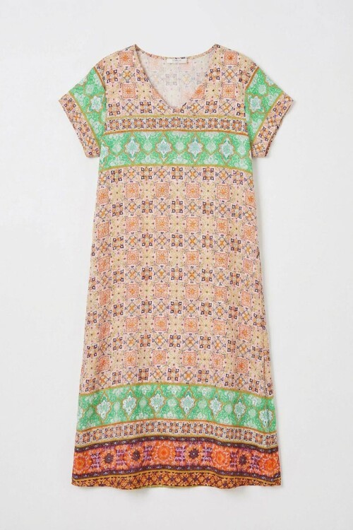 Turuncu-Yeşil Desenli V Yaka Midi Boy Elbise