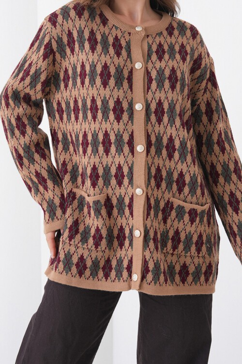 Vizon Baklava Desenli Düğmeli Cepli Triko Hırka BCHPK-251254