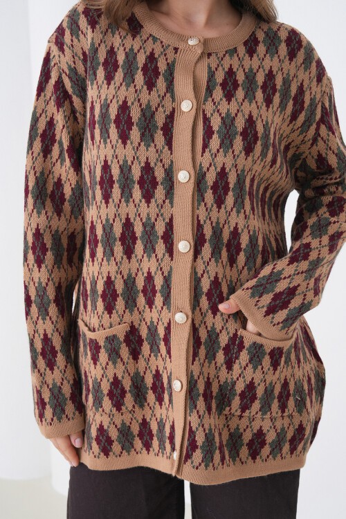 Vizon Baklava Desenli Düğmeli Cepli Triko Hırka BCHPK-251254