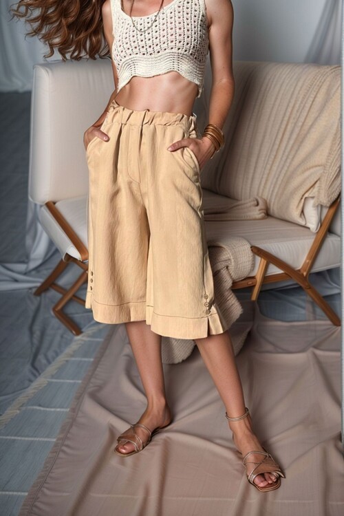 Vizon Beli Lastikli Kendinden Dokulu Yanı Düğmeli Cepli Bermuda Şort