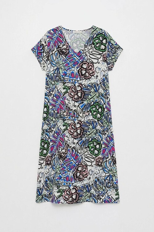 Yeşil Çiçekli V Yaka Kısa Kollu Midi Boy Desenli Elbise