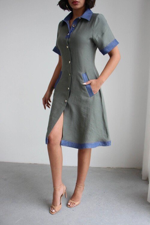 Yeşil Denim Garnili Düğmeli Tensel Dokuma Elbise BCHN-2526114