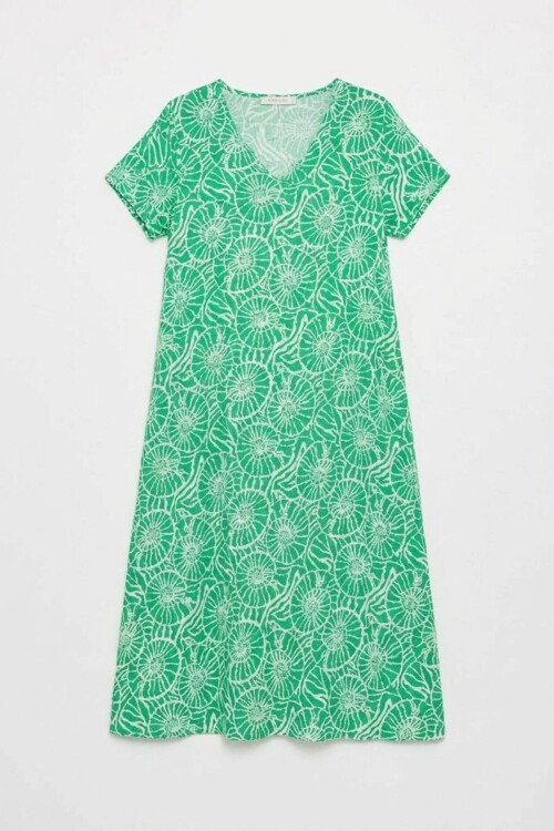 Yeşil Derin V Yaka Kısa Kollu Çizgi Desenli Midi Boy Elbise