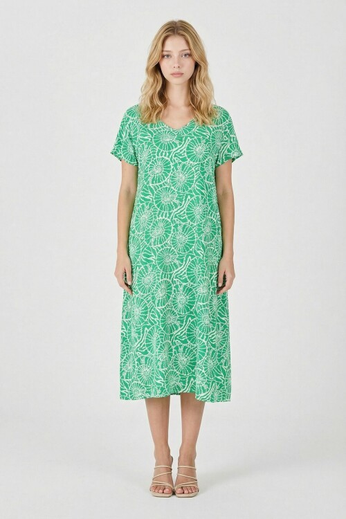 Yeşil Derin V Yaka Kısa Kollu Çizgi Desenli Midi Boy Elbise