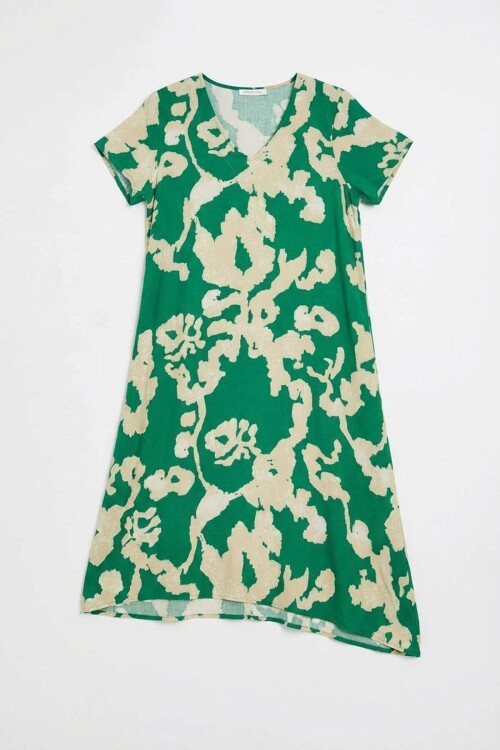 Yeşil Derin V Yaka Yırtmaçlı Desenli Midi Boy Elbise