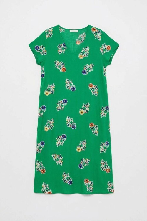 Yeşil Desenli Derin V Yaka Midi Boy Elbise