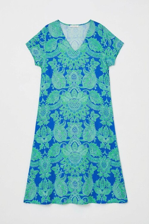 Yeşil Desenli V Yaka Kısa Kollu Midi Boy Elbise