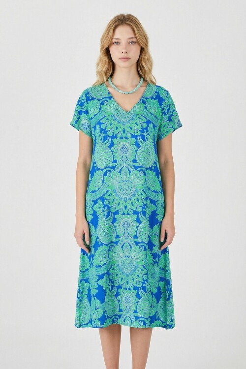 Yeşil Desenli V Yaka Kısa Kollu Midi Boy Elbise