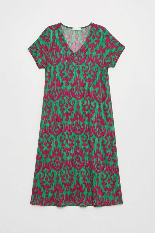 Yeşil-Fuşya Desenli V Yaka Midi Boy Elbise