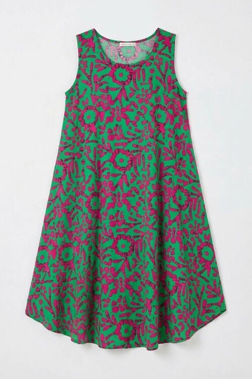 Yeşil-Fuşya U Yaka Kolsuz Eteği Asimetrik Kesim Desenli Midi Boy Elbise