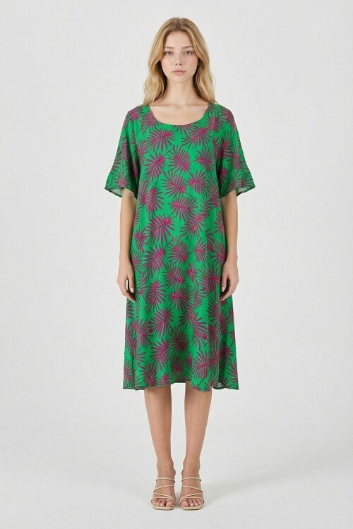 Yeşil Geniş Yaka Desenli Midi Boy Elbise